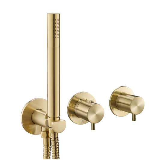 Brushed Brass Thermostatic Concealed 2 Outlet Shower Valve with Handset and Hose
