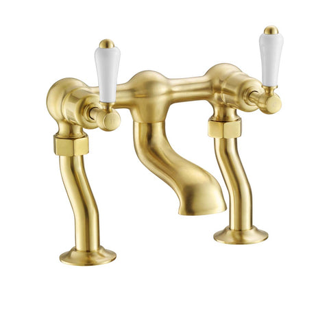 Brushed Brass Traditional Bath Filler Tap with White Lever Handles