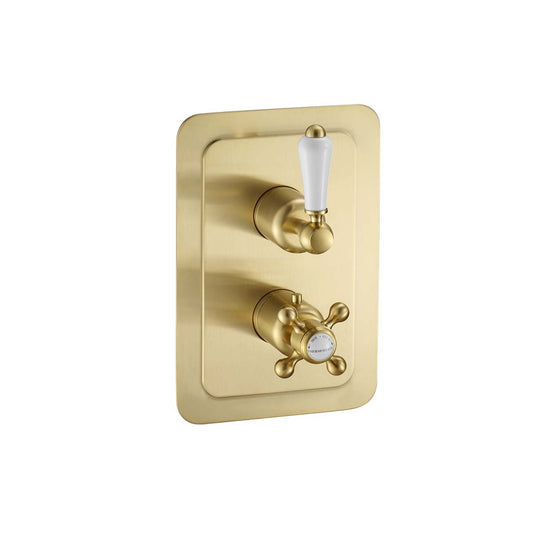 Brushed Brass Traditional Concealed 2 Outlet Shower Valve with White Lever