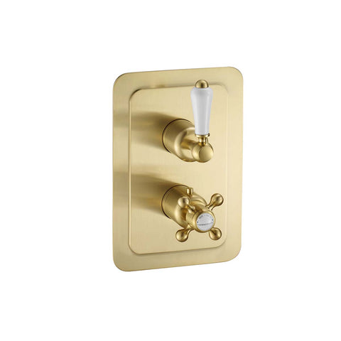 Brushed Brass Traditional Concealed 2 Outlet Shower Valve with White Lever