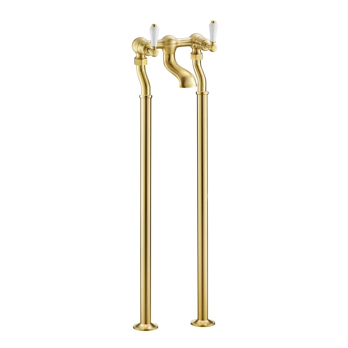 Brushed Brass Traditional Freestanding Bath Filler Tap with White Lever Handles