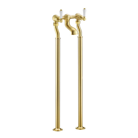 Brushed Brass Traditional Freestanding Bath Filler Tap with White Lever Handles