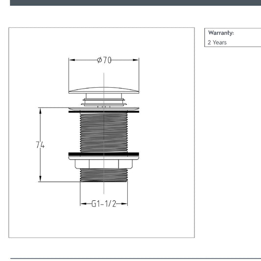 Brushed Brass Unslotted Click Clack Bath Waste for Freestanding Baths - technical design