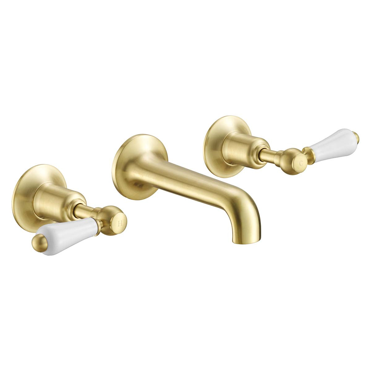 Brushed Brass Wall Mounted 3 Hole Basin Mixer Tap with White Lever Handle