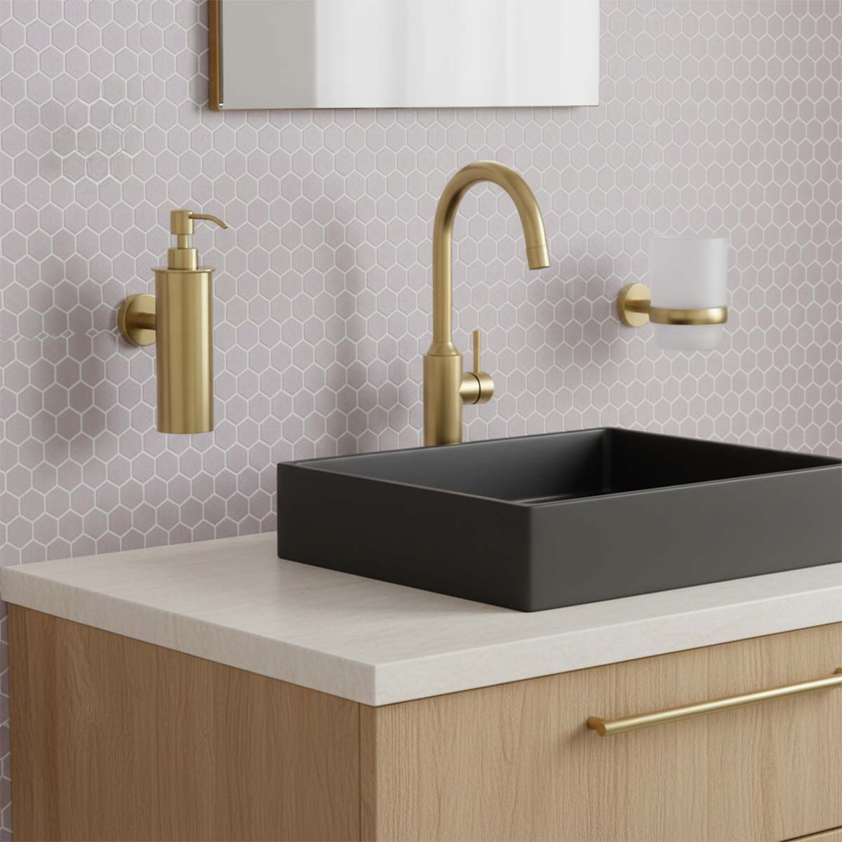 Brushed Brass Wall Mounted Tumbler with Holder and Soap Dispenser Set