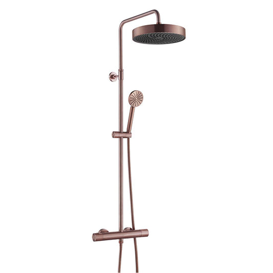Brushed Bronze Exposed Thermostatic Shower Valve with Rigid Riser, Shower Head & Round Handset