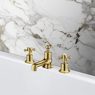 Brushed Gold 3-Hole Deck Mounted Bath Filler Tap with Crosshead Handles

