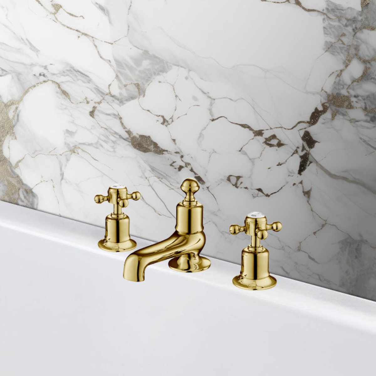 Brushed Gold 3-Hole Deck Mounted Bath Filler Tap with Crosshead Handles