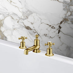 Brushed Gold 3-Hole Deck Mounted Bath Filler Tap with Crosshead Handles