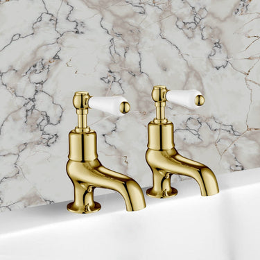 Brushed Gold Bath Pillar Taps with Lever Handles - Deck Mounted


