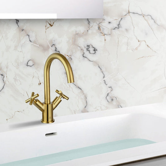 Brushed Gold Mono Mixer Tap Deck Mounted with Crosshead Handles