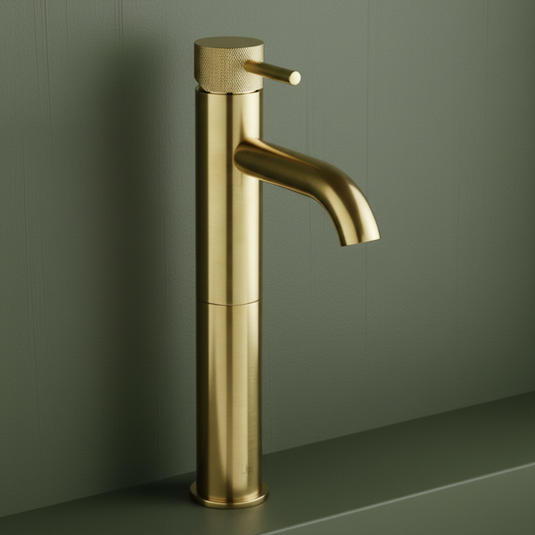 brushed brass high rise basin tap