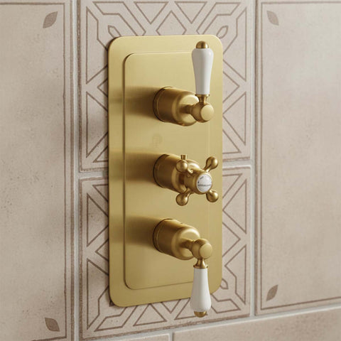 Brushed brass concealed thermostatic two outlets shower valve
