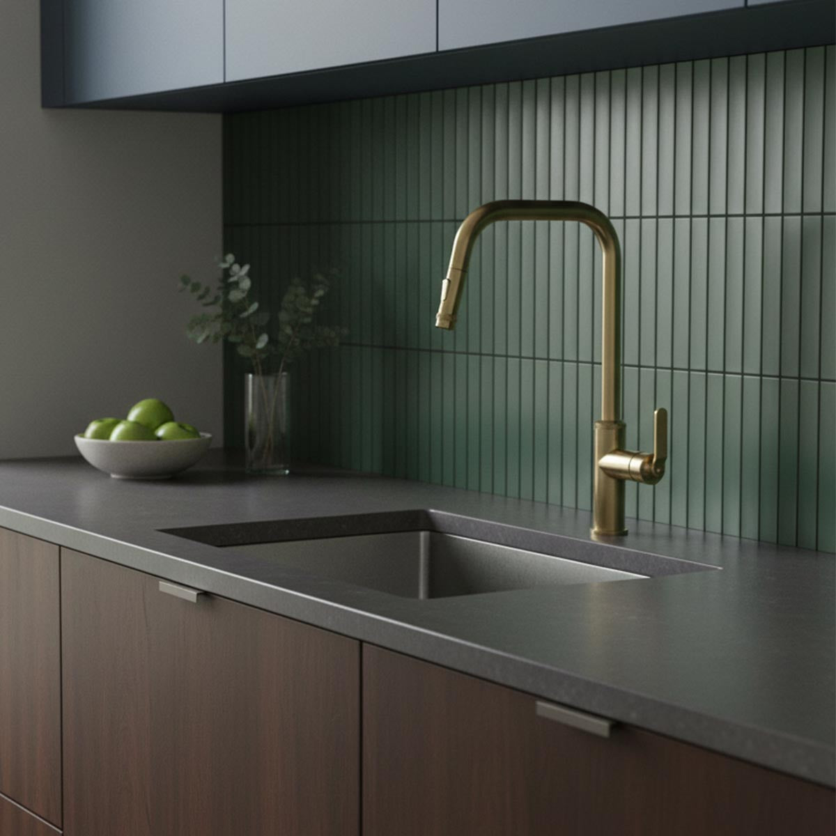 Brushed brass kitchen tap with pull out
