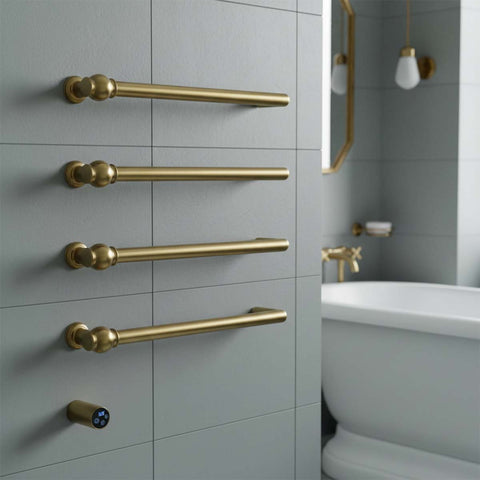 Brushed brass traditional electric towel radiator with thermostat 