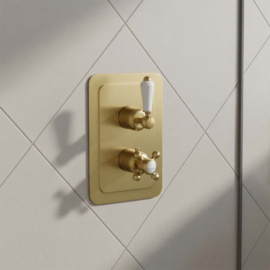 Brushed brass two outlet shower mixer valve