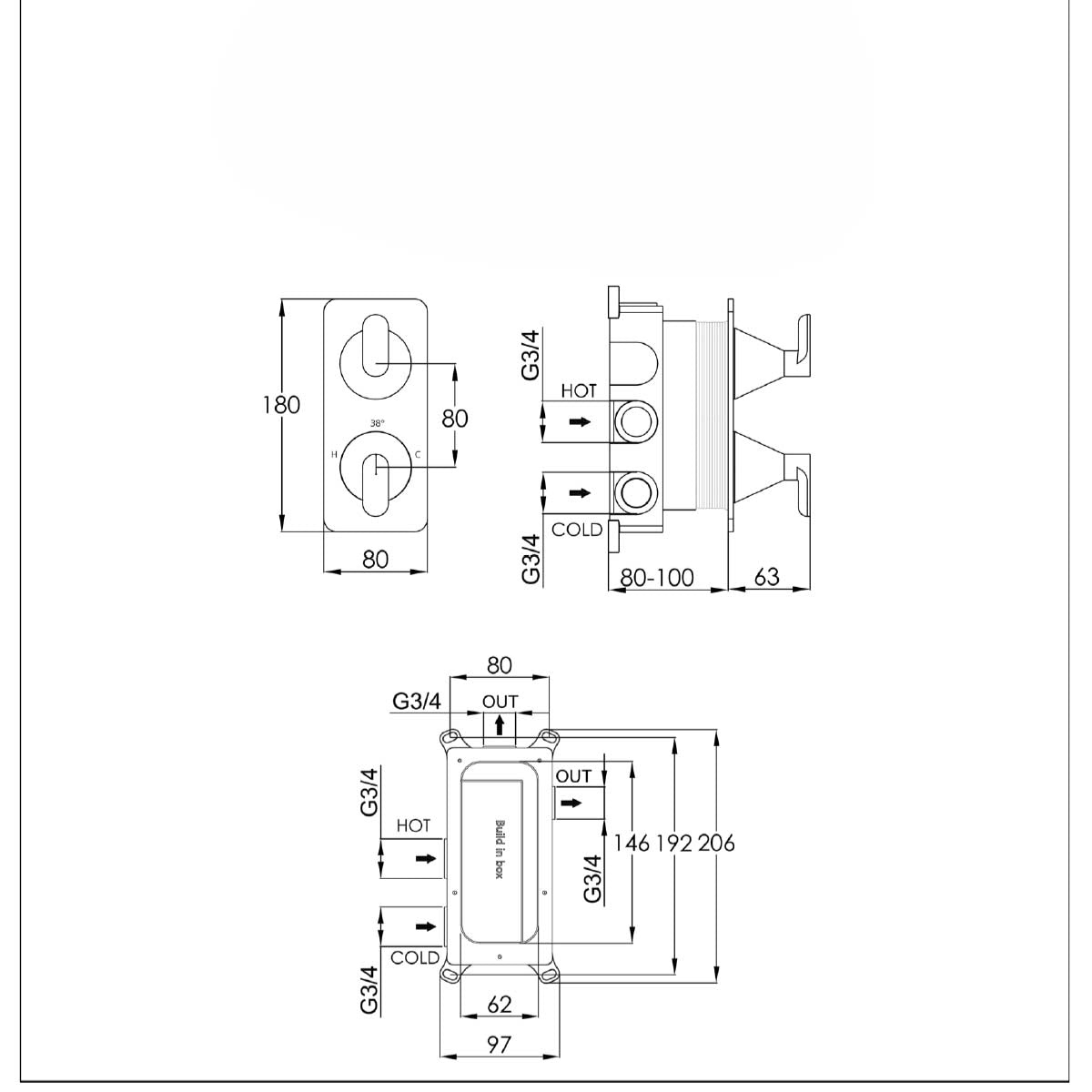 Concealed Thermostatic Two Outlets Shower Mixer Valve made of Brass