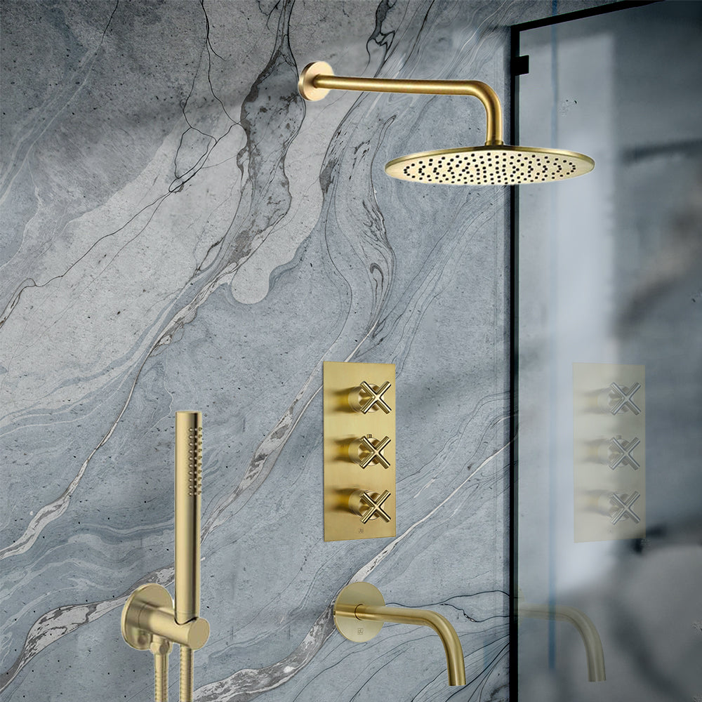 Concealed thermostatic shower valve 3 outlet - brushed brass