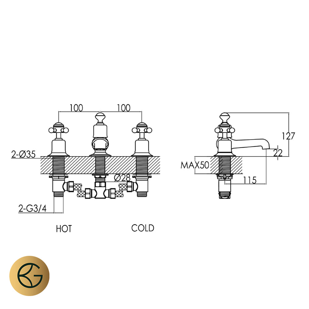 Gold 3 hole deck mounted bath filler tap