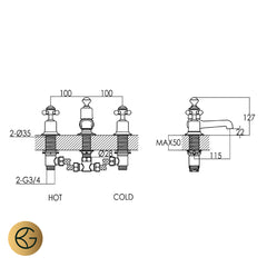 Gold 3 hole deck mounted bath filler tap