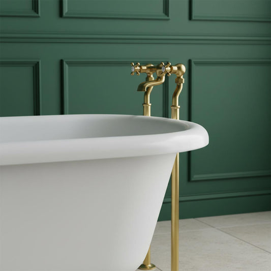 Floor standing Bath Filler Tap with Crosshead Handle - Brushed Brass