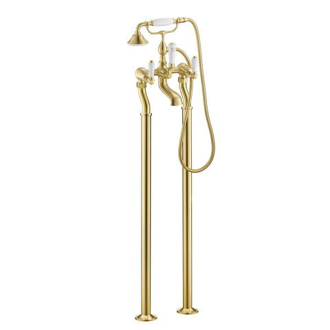 Floorstanding Bath Mixer Tap with Handheld Shower Attachment - Brushed Brass