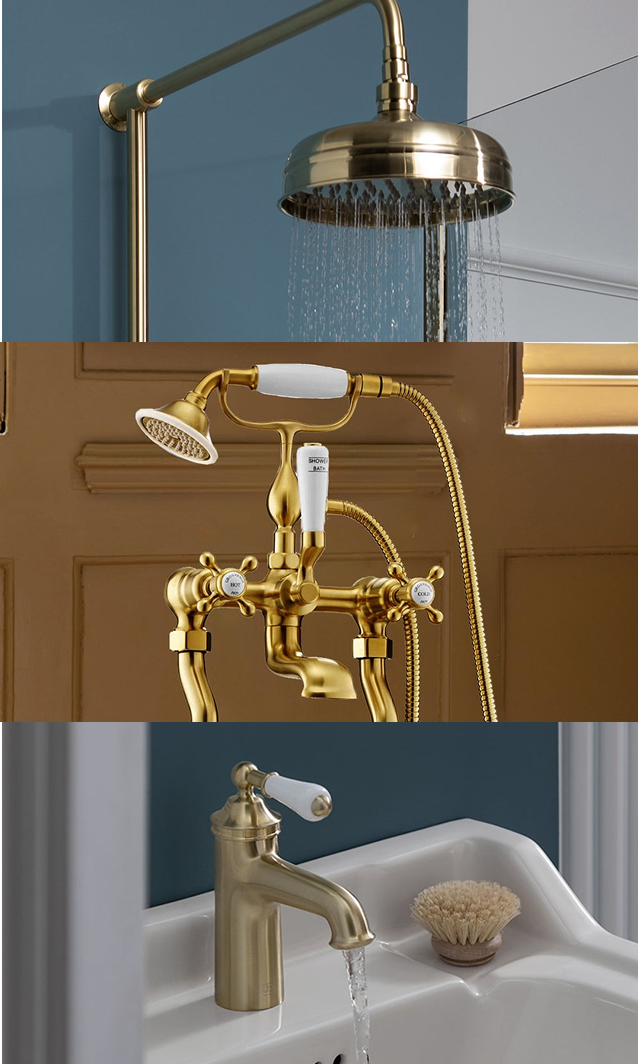 Brushed Brass Traditional Crosshead Basin and Bath Taps