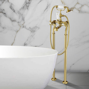 Freestanding Bath Tap with Shower Mixer Kit - Brushed Brass