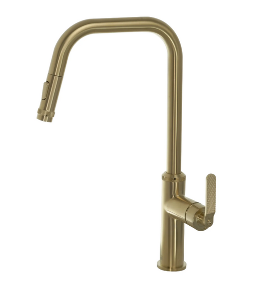 brushed brass kitchen mixer tap with pull out spray
