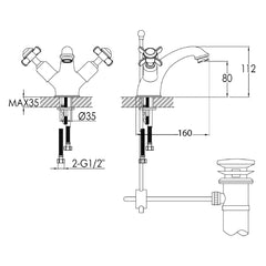 Deck mounted gold  basin tap dimensions 