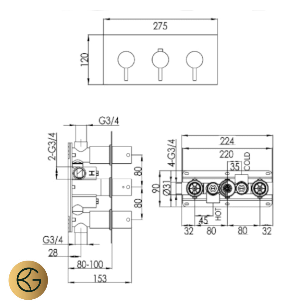 2 Outlet Concealed Thermostatic Shower Valve 