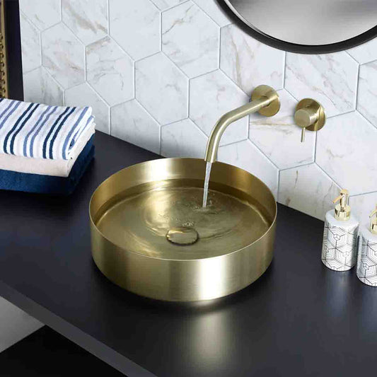 Gold Wall Mounted Basin Tap with Designer Handle - 150mm, 200mm, 250mm