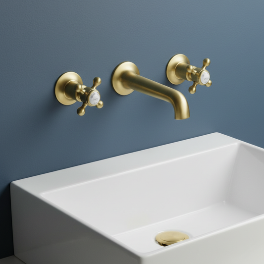 Brushed Brass 3 Hole Basin Mixer Tap Crosshead Handles - Wall Mounted