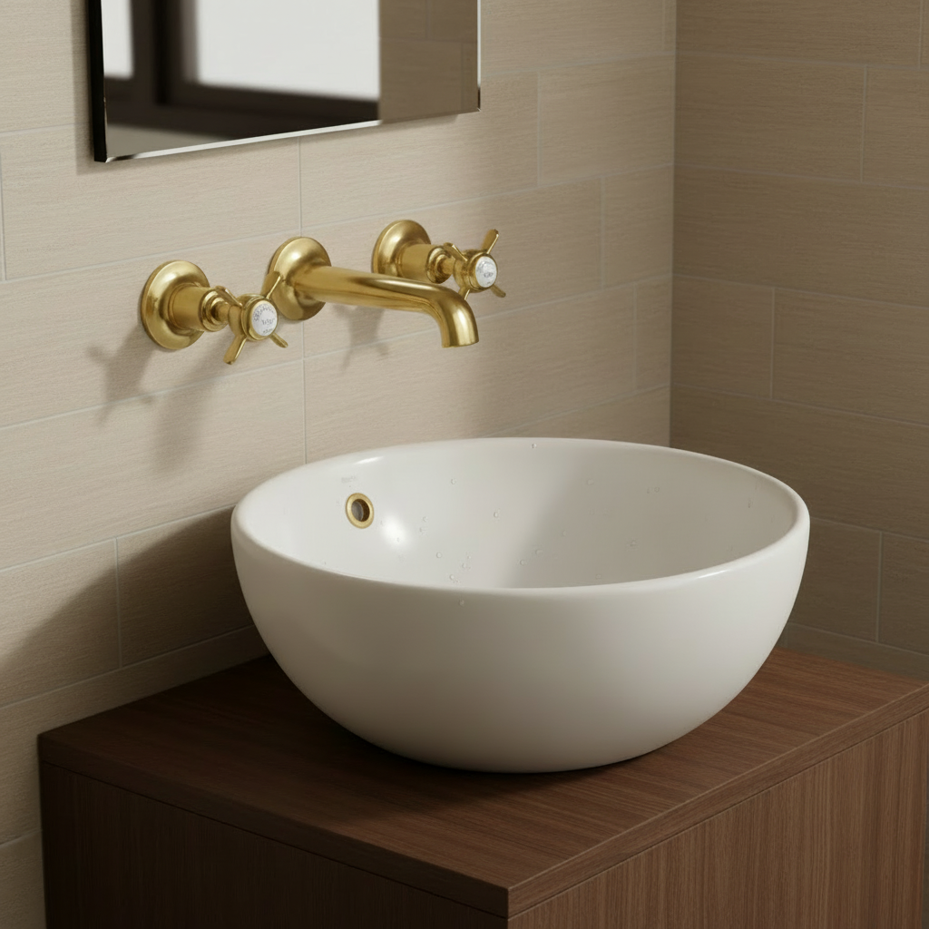 Traditional 3 Hole Wall Mounted Basin Mixer  Tap - Polished Gold