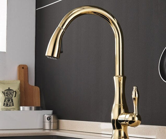 Gold Kitchen Tap with Pull-Out Flexible Spray
