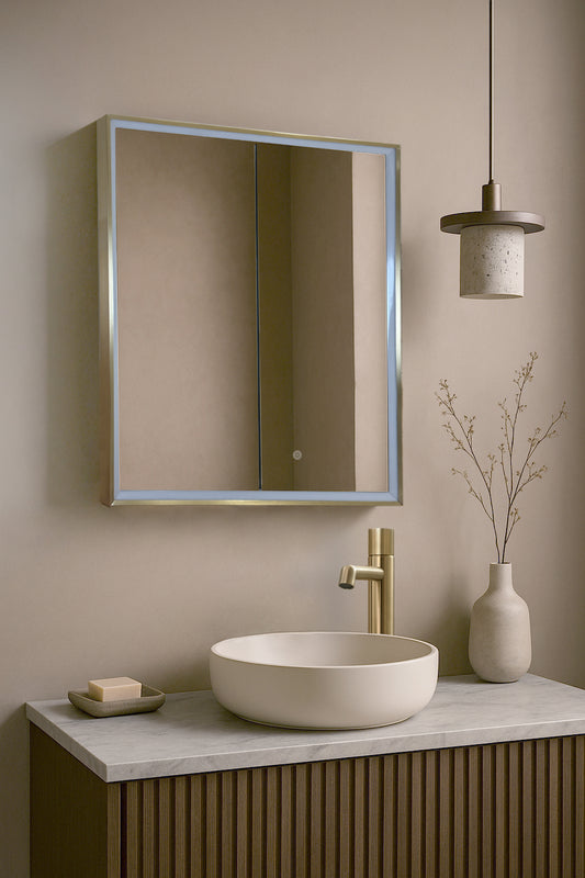 LUCA Single Door Bathroom Mirror Cabinet with Light and Demister – 500 x 700mm - Brushed Brass Frame