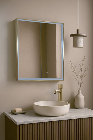 Single Door Bathroom Mirror Cabinet with Light and Demister brushed brass frame
