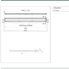 Linear shower drain brushed gold 600mm technical drawing