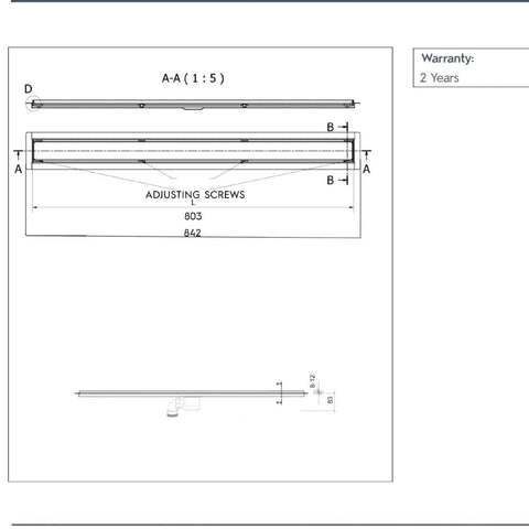 Linear shower drain brushed gold 800mm technical drawing