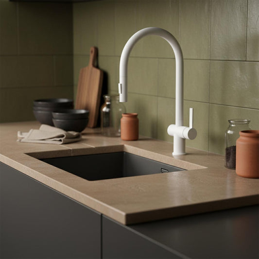 Matt white kitchen tap with pull out spray 