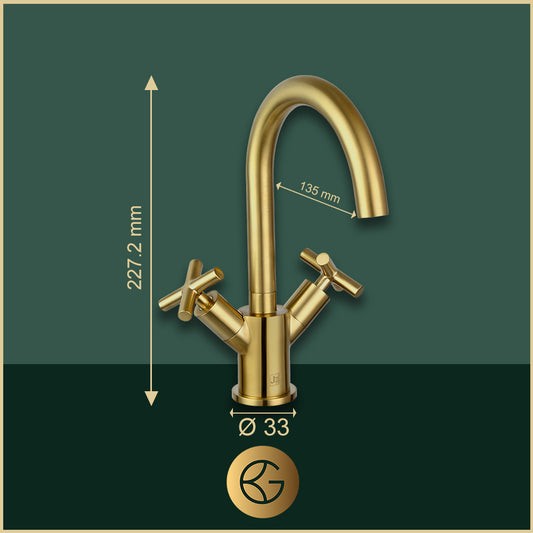 Gold Deck Mounted Basin Mixer Tap with Crosshead Handles - Brushed Brass Finish