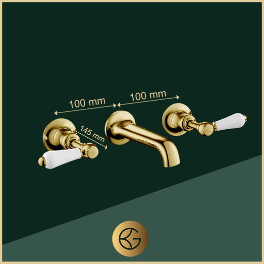 Gold Basin Mixer Tap with White Lever Handle - Wall Mounted