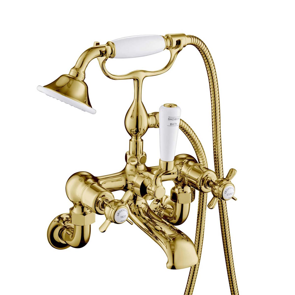 Pinch Bath Shower Mixer Tap with Kit Wall Mounted - Polished Gold