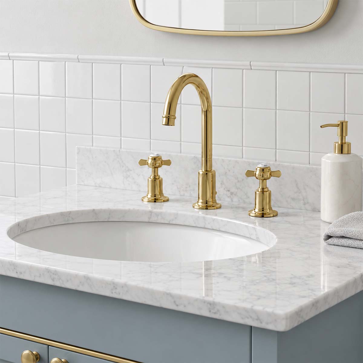 Polished Gold Three  Hole Traditional Basin Mixer Tap 