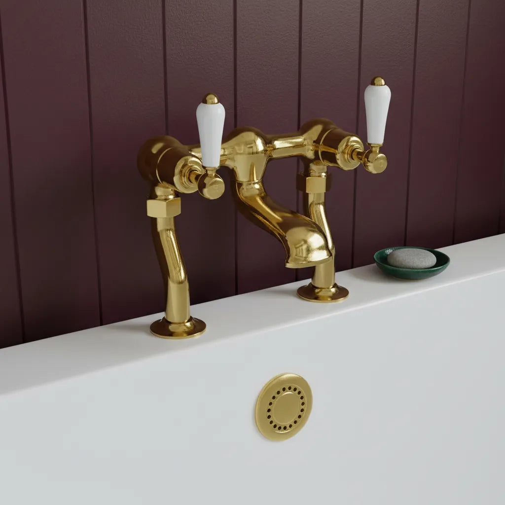 Polished Gold Traditional Bath Filler Tap with White Lever Handles