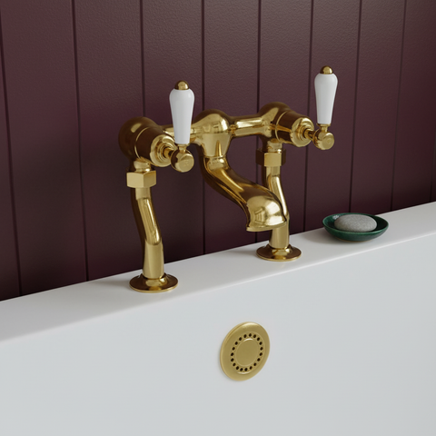 Polished Gold Traditional Bath Filler Tap with White Lever Handles