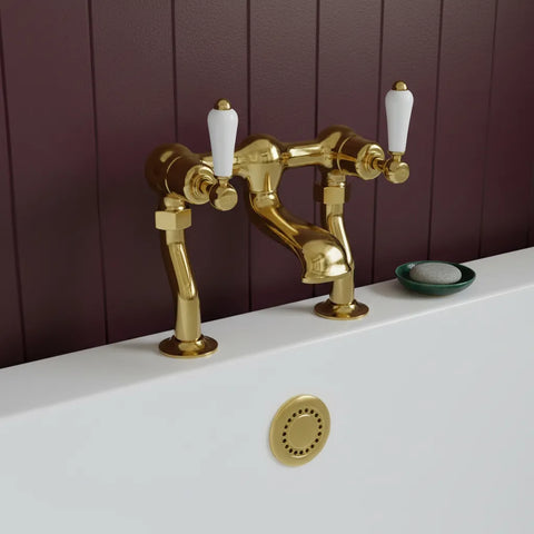 Polished Gold Traditional Bath Filler Tap with White Lever Handles