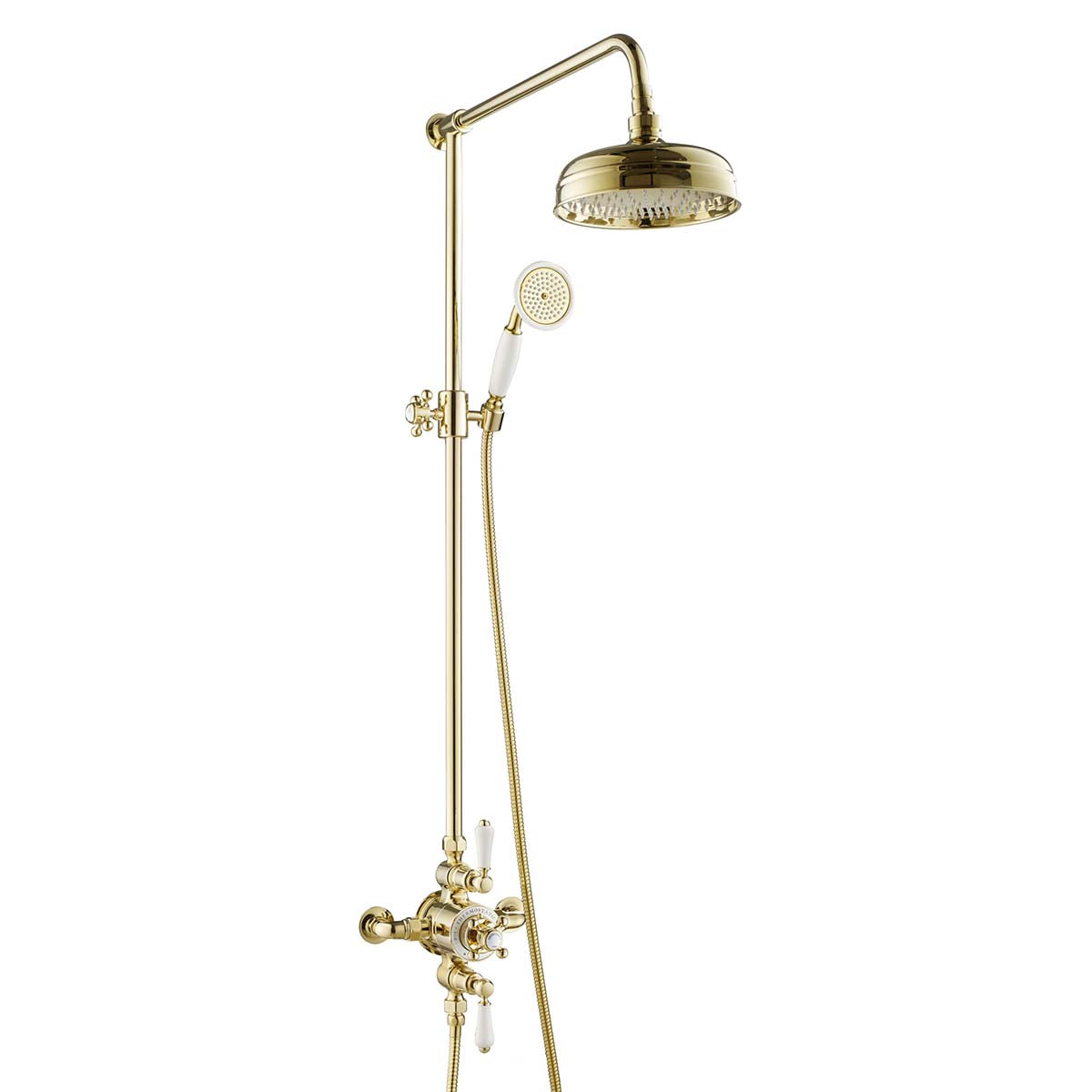 Polished Gold Traditional Exposed 2 Outlets Thermostatic Valve with Shower Riser, Fixed Shower Head and Kit