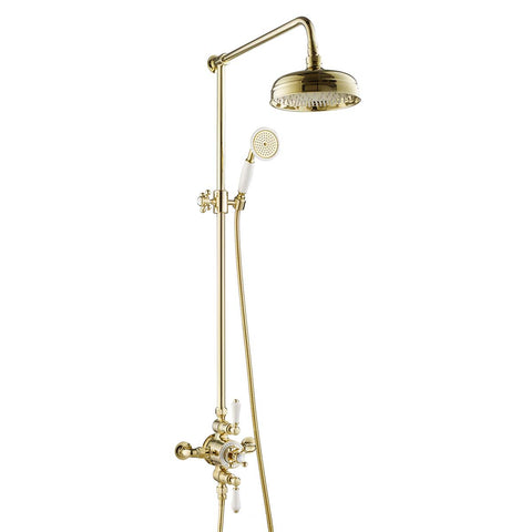 Polished Gold Traditional Exposed 2 Outlets Thermostatic Valve with Shower Riser, Fixed Shower Head and Kit