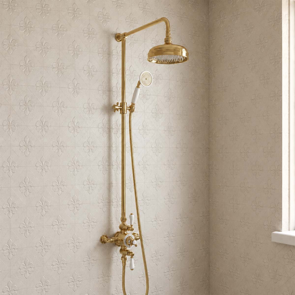 Polished Gold Traditional Exposed 2 Way Thermostatic Valve with Shower Riser, Fixed Shower Head and Kit